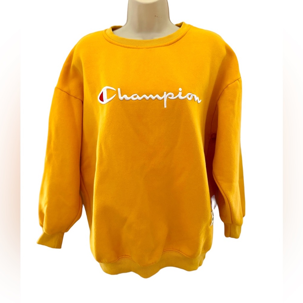 Women’s Champion Crew Neck Sweatshirt- Gold Color-Logo on sleeve- size Medium